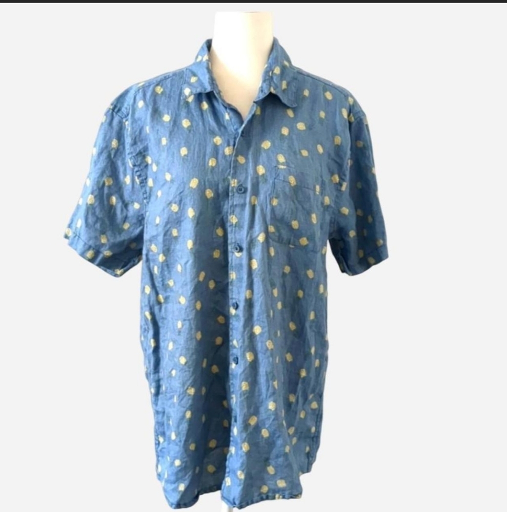 🍍 Saks Fifth Avenue Men's Blue Pineapple 100% Linen Resort Shirt (Size L)